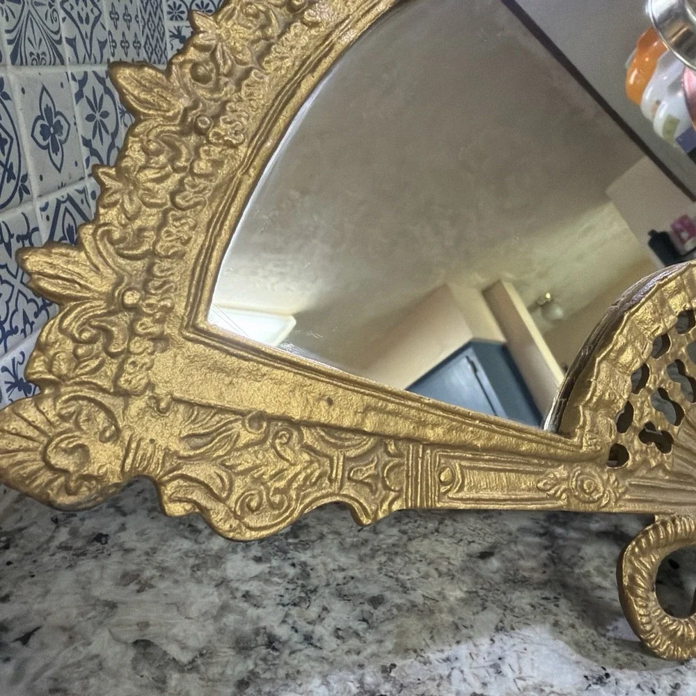 Vintage Brass Vanity Mirror / Fan Shape Mirror / Art Deco Ornate